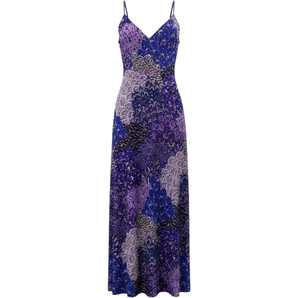 Dream Dance Purple Peacock Paisley Sequin Maxi Dress 1X Made in USA V-Neck Gown